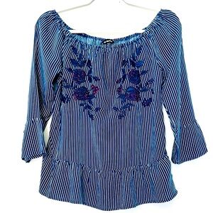 Unique Spectrum Blue/White Offshoulder PinStriped Women w/Floral EmbroiderySmall